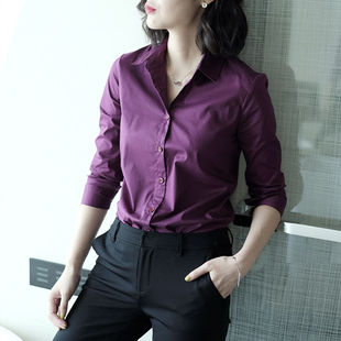 女春秋长袖 职业韩版 紫色衬衫 新款 百搭打底上衣 工作服衬衣工装 韩版