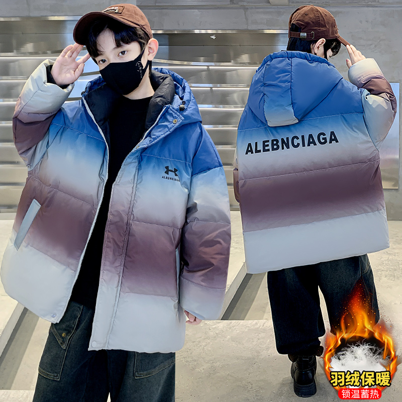 冬季男童羽绒服韩版男孩连帽渐变中长款白鸭绒加厚保暖锁温羽绒服