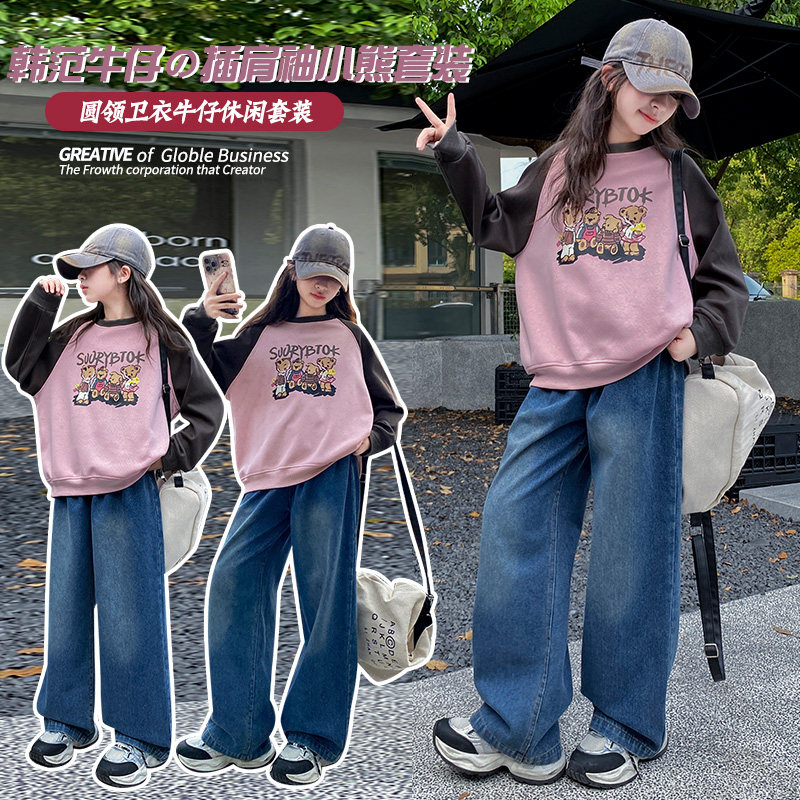 2025春秋款韩版中大女童卡通套头T恤上衣牛仔裤套装长袖春款休闲T