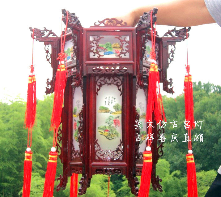 山水画吊灯中式木雕实木六角仿古宫灯木质中式宫庭大红灯笼