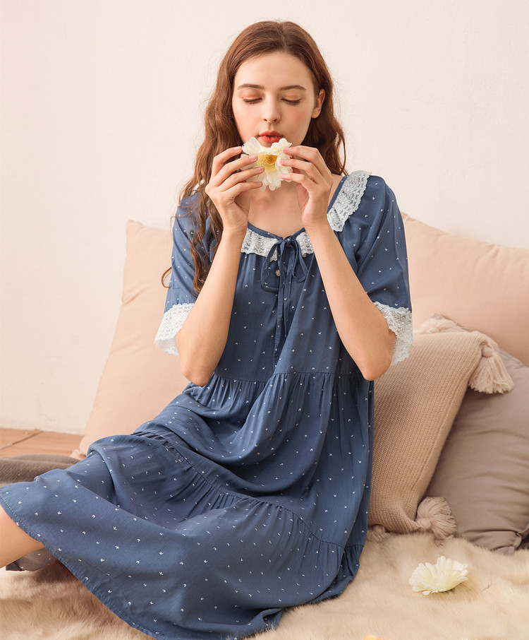 女生夏季新款短袖纯棉绸长款蛋糕裙韩版清新小碎花睡裙睡衣家居服