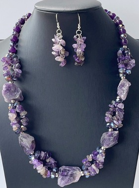 跨境欧美紫色项链套装天然石手工小众饰品两件套耳环套装