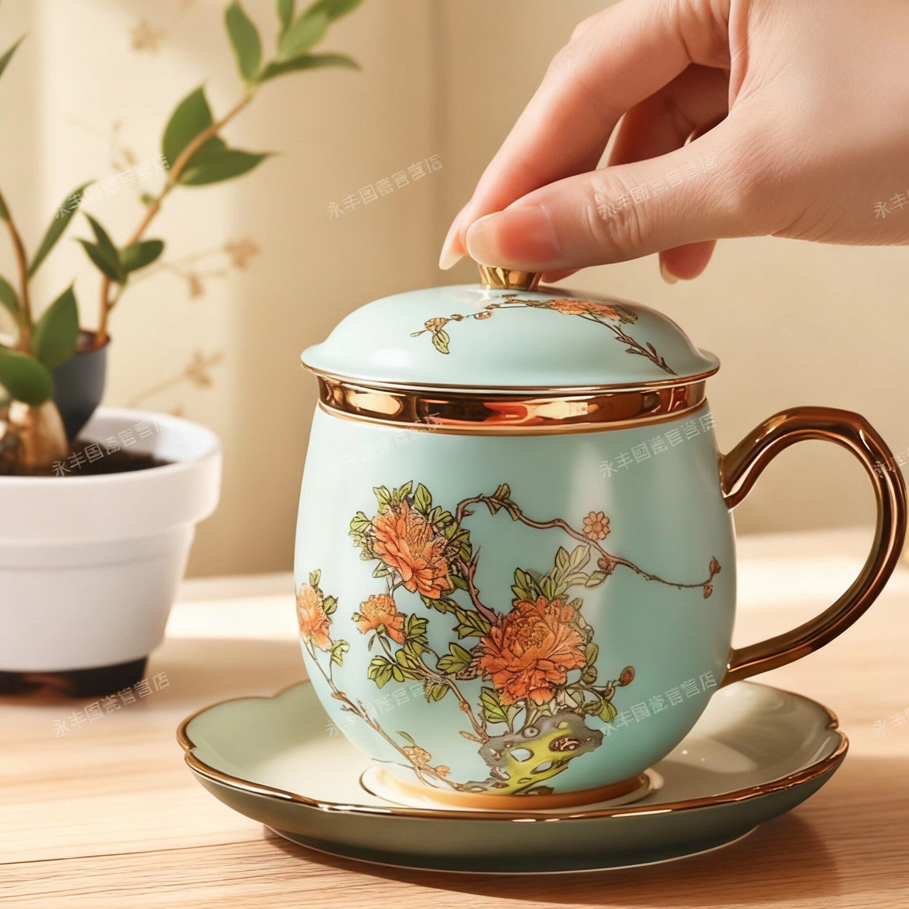 永丰源夫人瓷西湖蓝四件套盖杯陶瓷茶杯水杯办公杯情侣对杯礼盒装