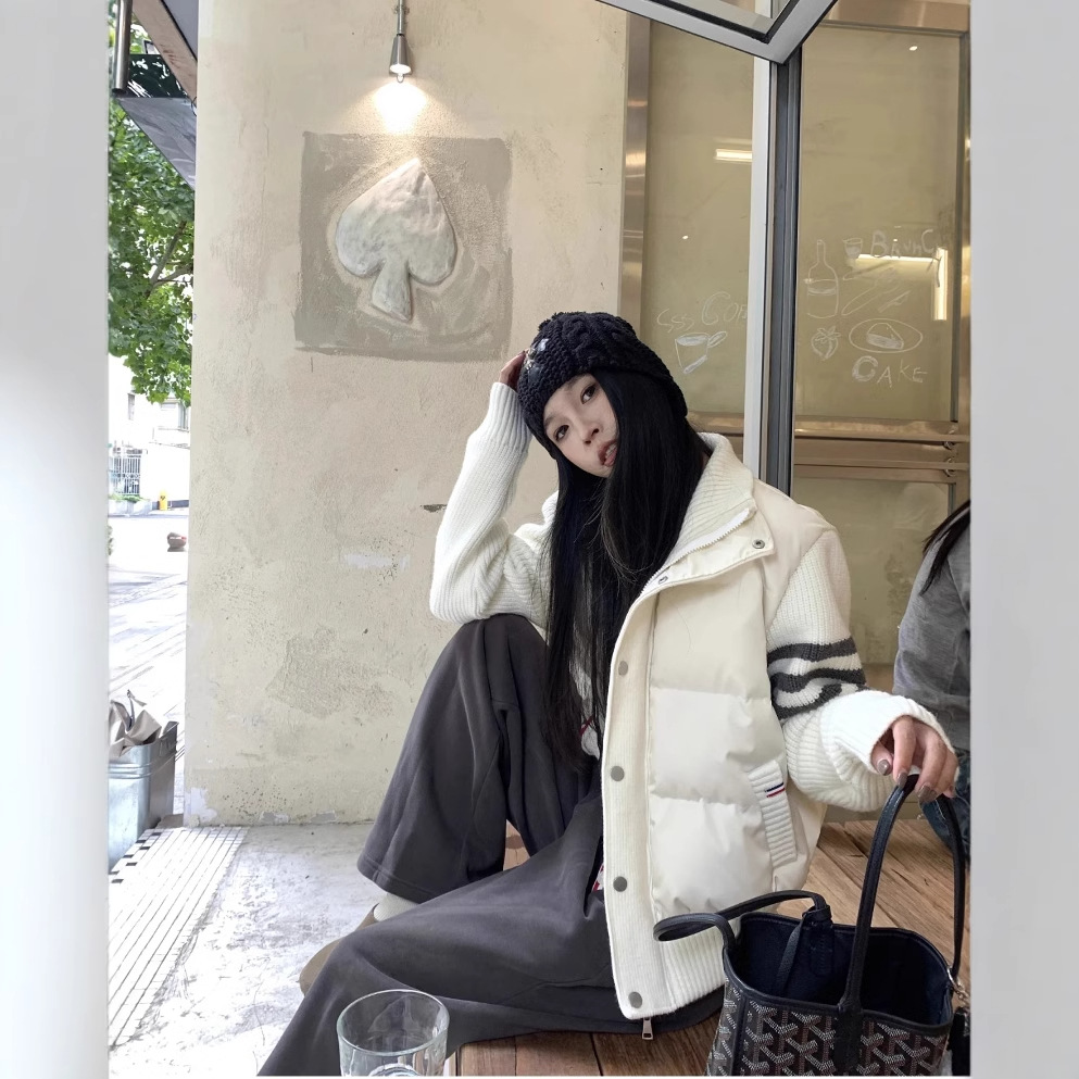 韩系简约针织拼接长袖棉服女秋冬高级感时尚休闲百搭米色上衣外套