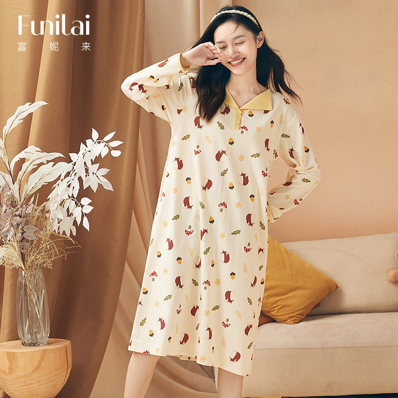 富妮来秋日童话睡裙女秋季新款透气舒适长袖长裙宽松可外穿家居服