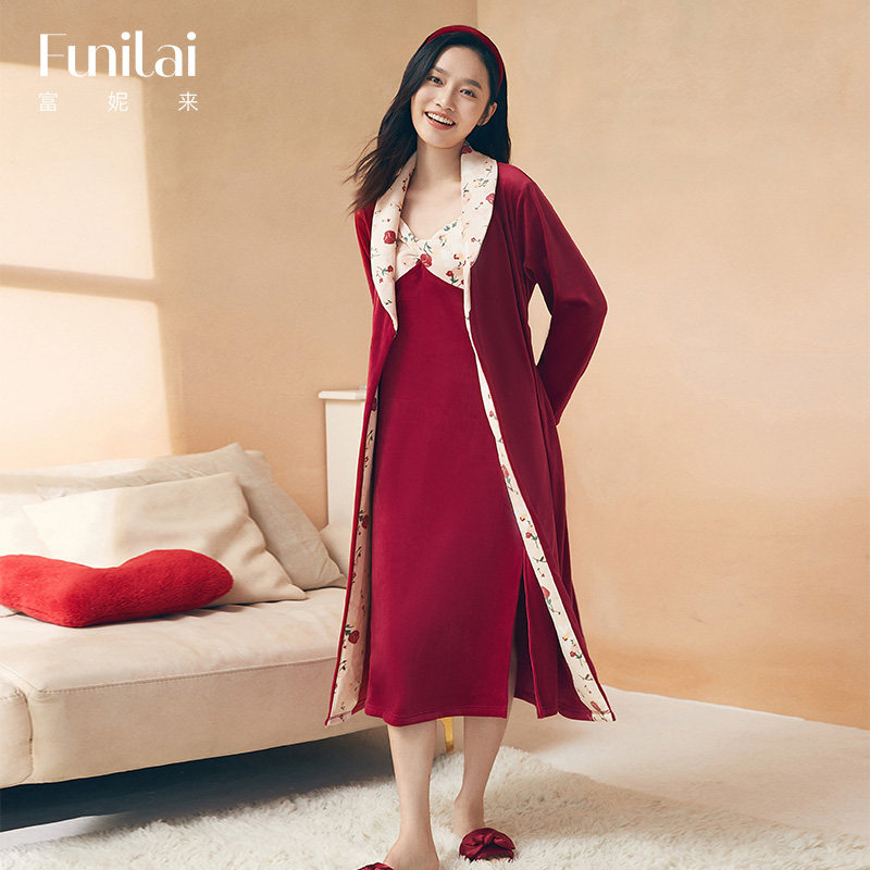富妮来海岛绒红色睡衣女本命年睡裙加绒加厚新款宽松睡袍家居服