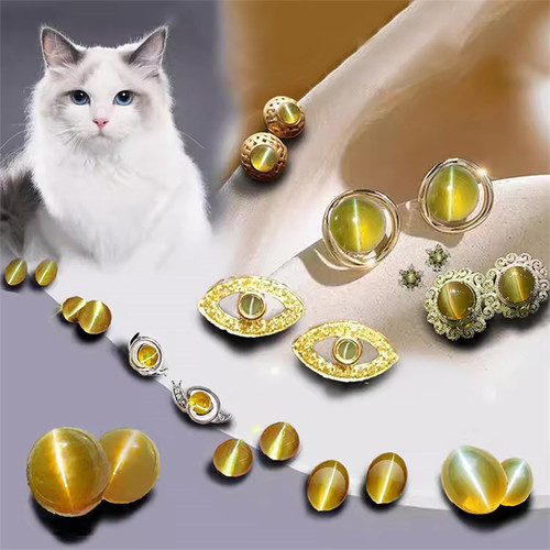 M14天然无烧金绿猫眼斯里兰卡彩宝18K金钻石镶嵌高级戒指耳钉配对