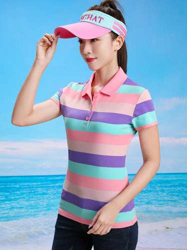 翻领贴身女装时尚polo衫条纹t恤女带领短袖2025年夏季新奇鼠