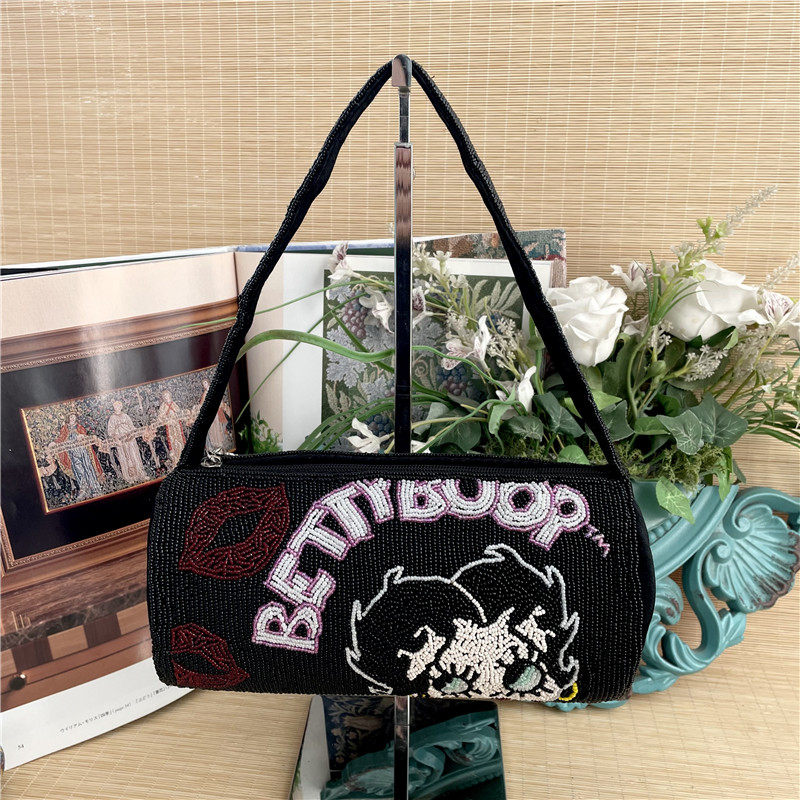 vintage手工串珠包betty boop中古包圆筒包单肩包