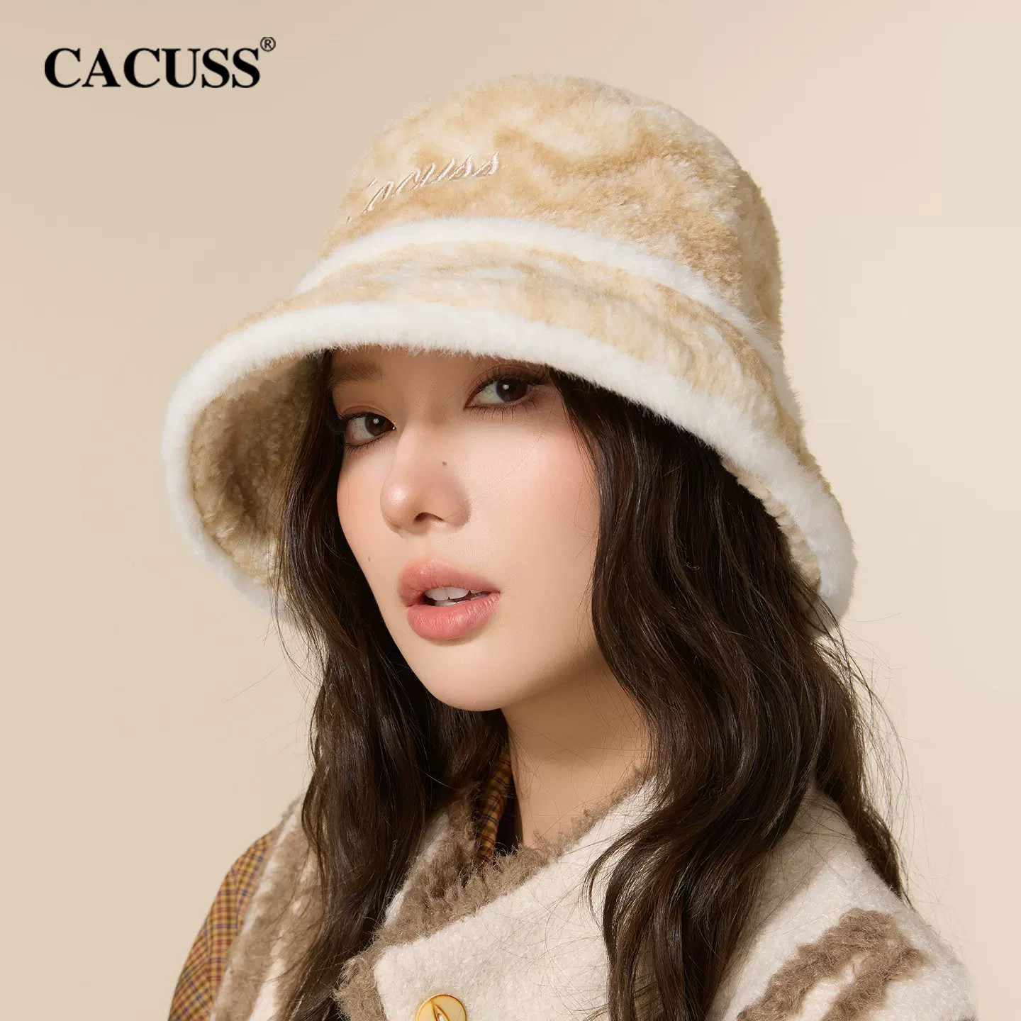 CACUSS毛绒加厚渔夫帽女保暖扎染盆帽秋冬大头户外帽子刺绣水桶帽