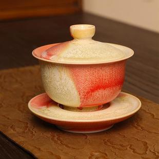 景德镇粉红高温窑变松针手工三才盖碗陶瓷泡茶碗家用高档功夫茶具