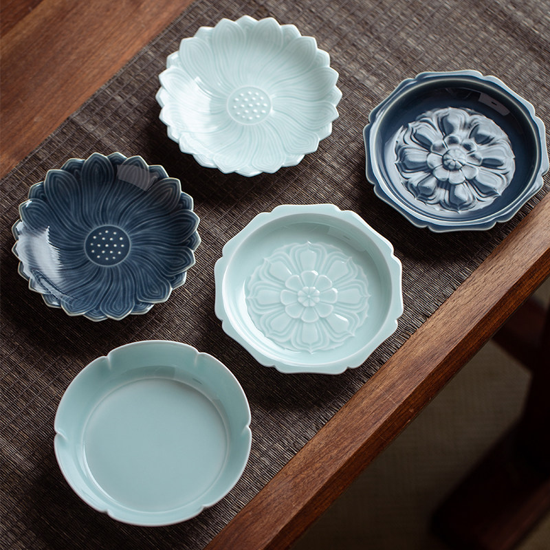 素功瑾礼景德镇中式雕刻花纹霁青陶瓷小杯垫影青果盘干泡壶承杯托