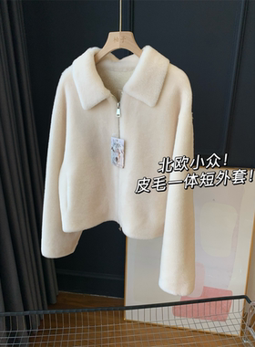 北欧小众！皮毛一体短外套！100%jin口羊毛外套保暖显瘦女25新冬