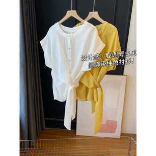 25新夏 设计感 腔调博主风 侧绑带纯色衬衫 长飘带收腰显瘦短袖