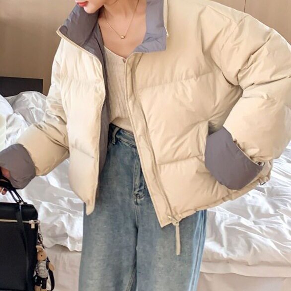 2026冬季新款韩版时尚休闲款立领女百搭宽松显瘦面包服撞色外套潮