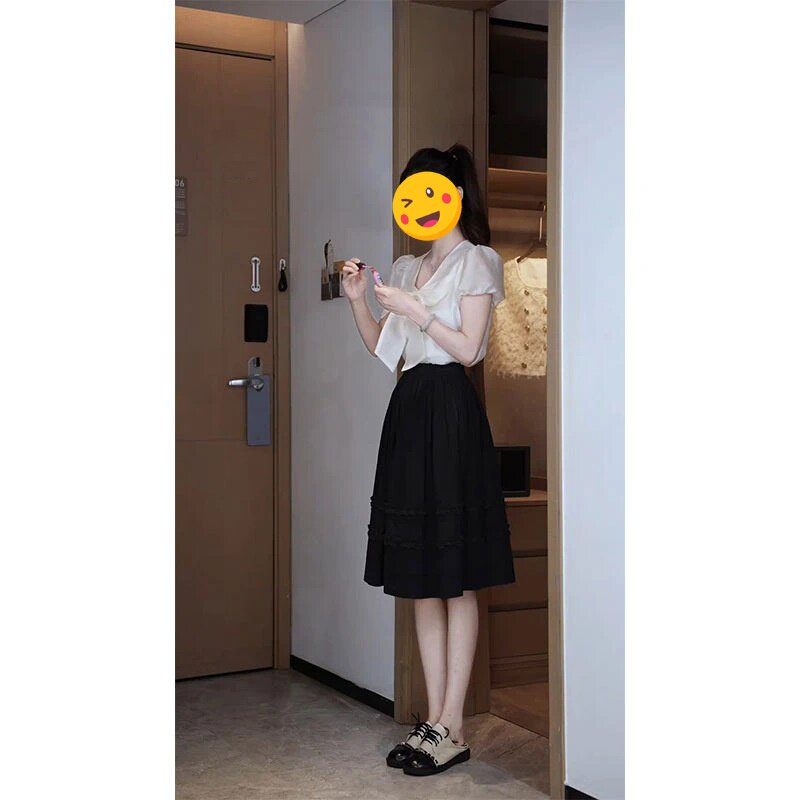 单件/甜美蝴蝶结小飞袖v领衬衫气质百搭衣高腰显瘦气质花边半身裙