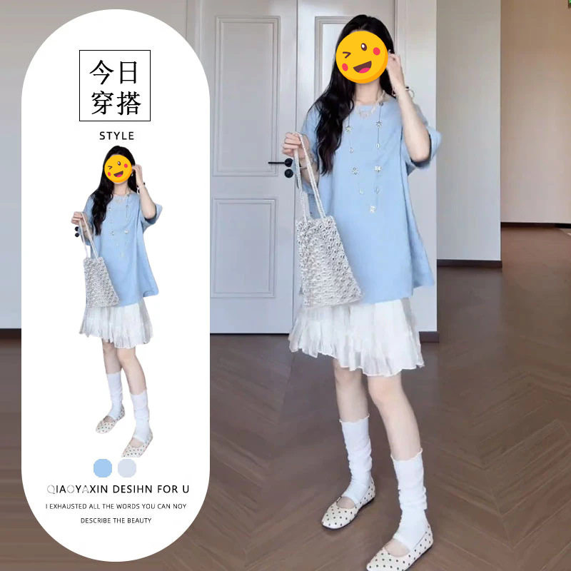 单件/清纯气质学院风女夏季新款韩版宽松百搭短袖T恤白色半身裙潮