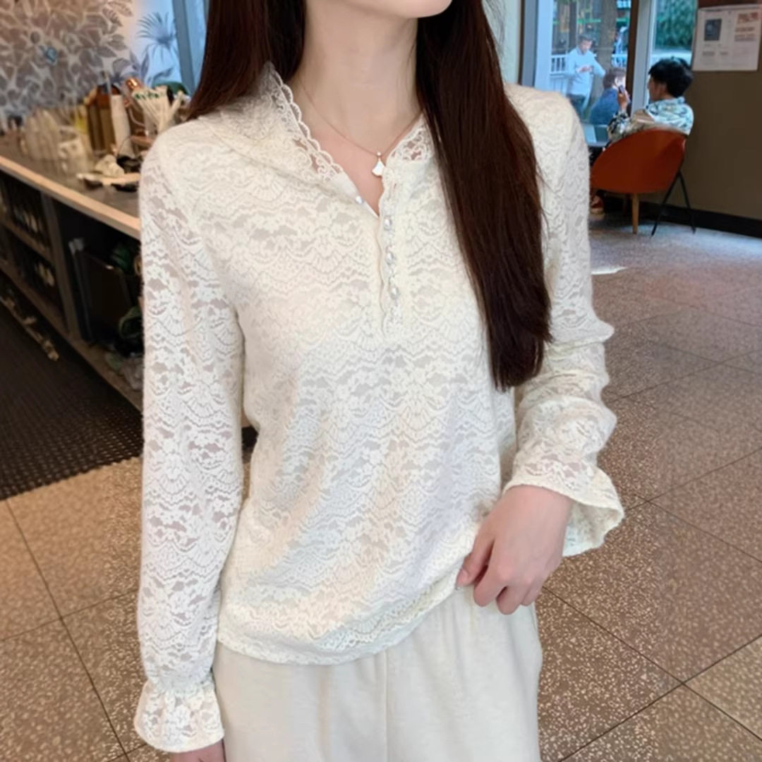 法式重工连帽长袖蕾丝衫女春秋2026新款独特超好看内搭打底衫上衣