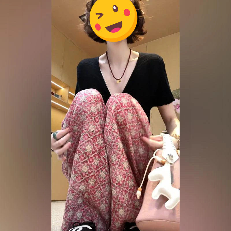 单件/夏季设计感别致印花垂感阔腿裤黑色时尚上衣茶歇风气质装潮