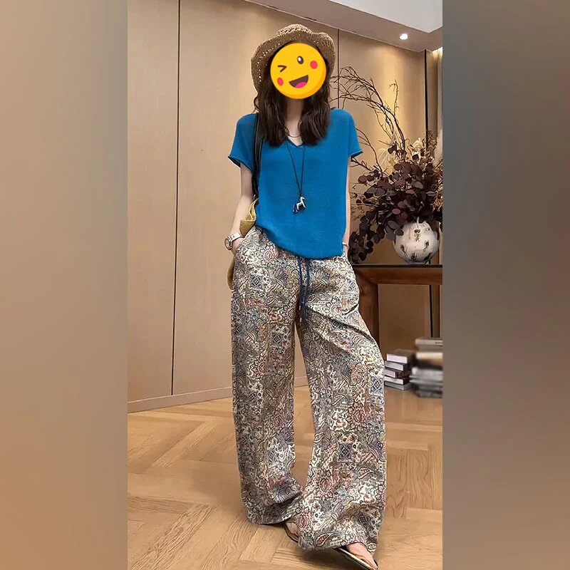 单件/老钱风女装夏季新款时尚高腰印花阔腿裤百搭减龄v领上衣潮流