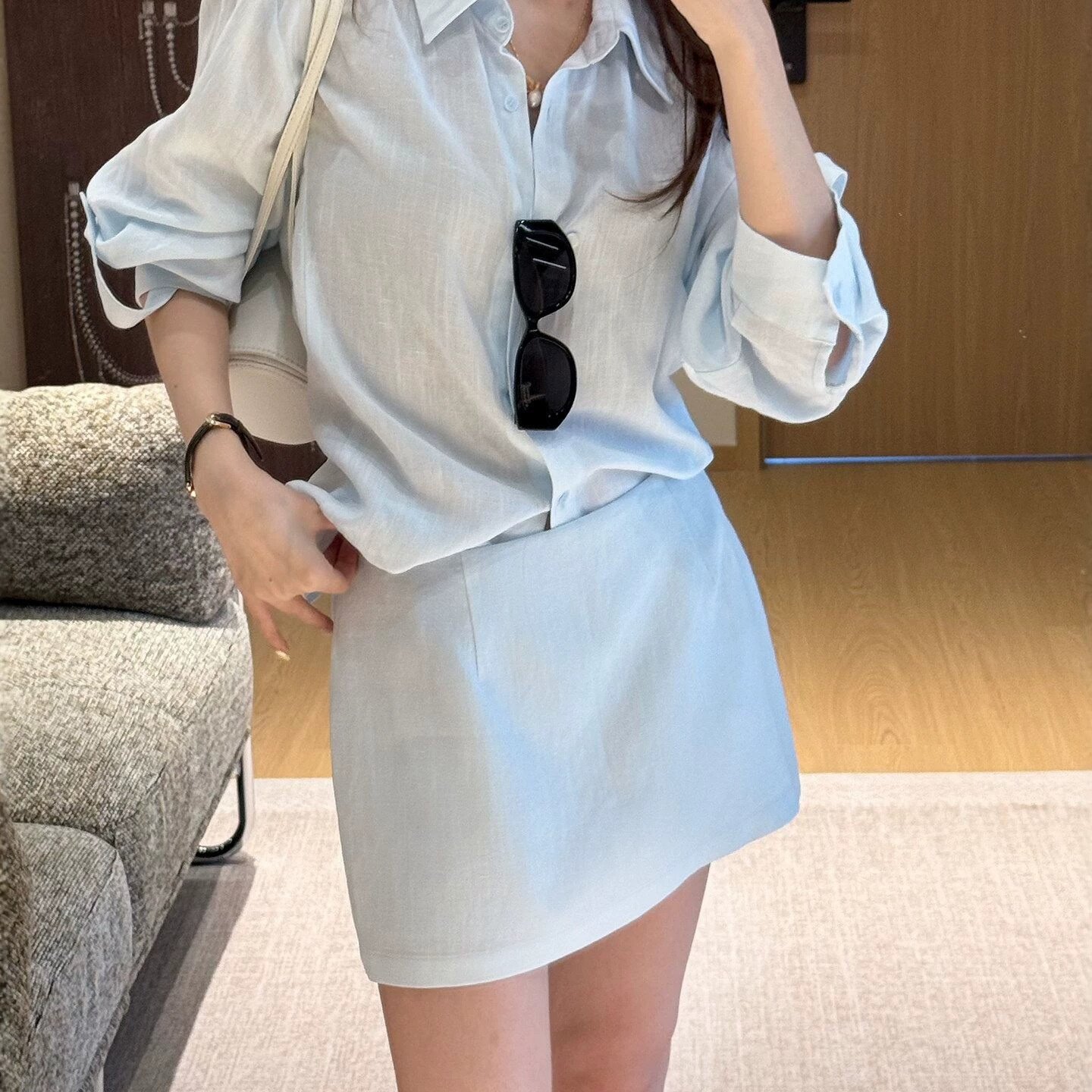 韩系简约纯色套装女2026年夏季夏冰川蓝色松弛老钱风衬衫半身短裙