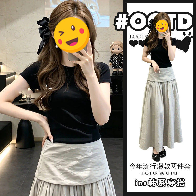 单件/法式辣妹修身女2026夏季新款时尚纯欲风显瘦上衣遮胯半身裙