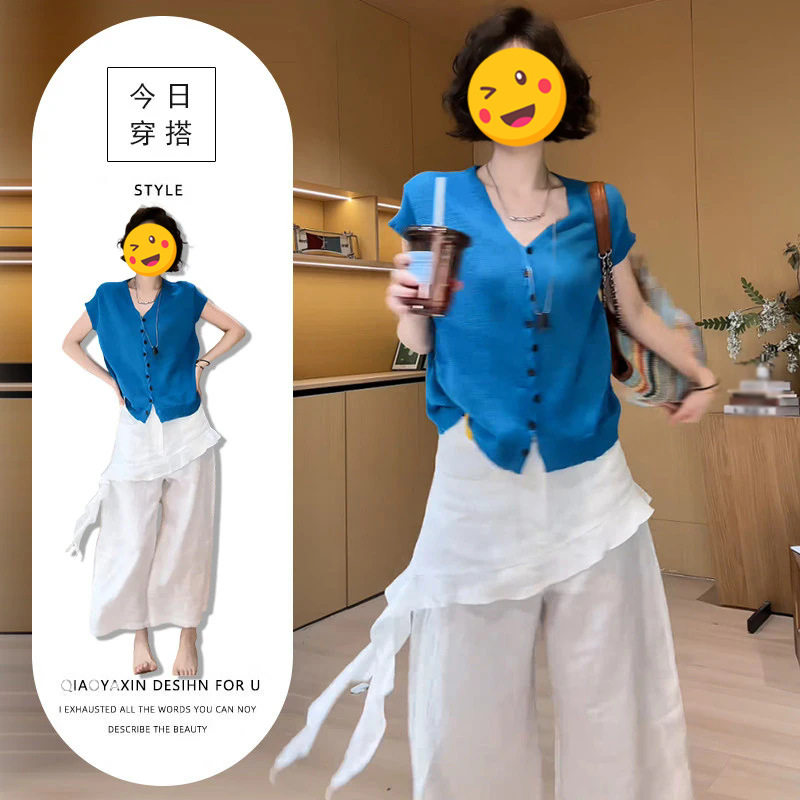 韩里韩气穿搭两件套2026年韩版宽松百搭蓝色短袖上衣拼接遮胯裤子