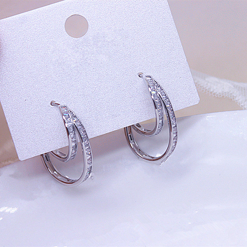 银色水晶日韩双层满钻S925银针耳钉耳圈耳环超闪气质轻奢大气耳饰
