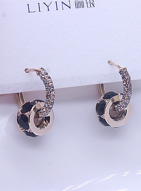 复古小蛮腰耳扣女耳环圈转运珠小众设计高级养耳防敏黑色水晶饰品