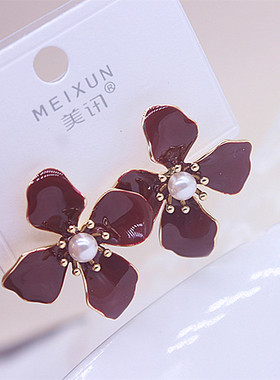 红色珐琅花朵耳钉女轻奢气质高级感纯银针耳环小众独特漂亮耳饰品