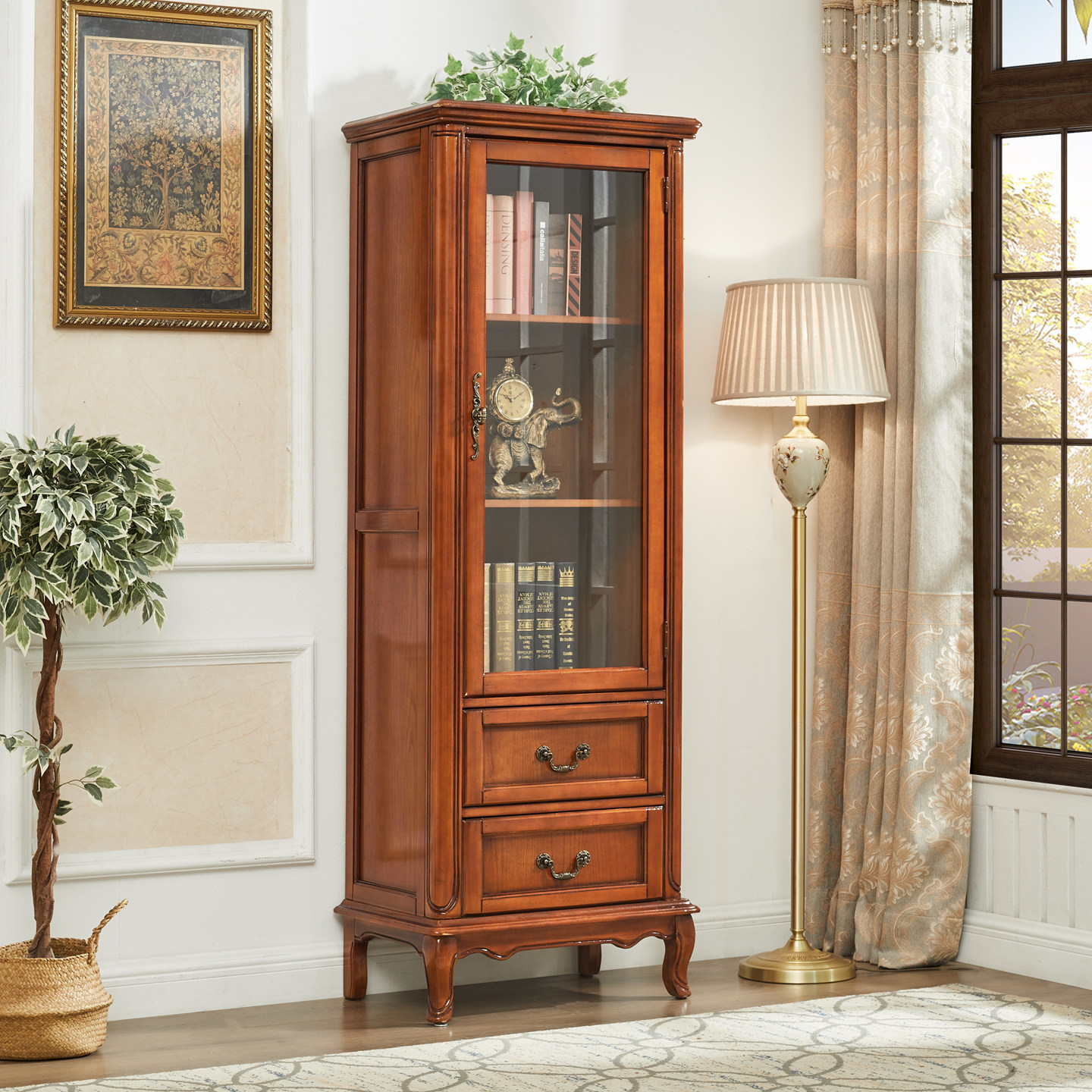 美式复古实木酒柜靠墙客厅家用简约欧式展示柜小酒柜玻璃门装饰柜