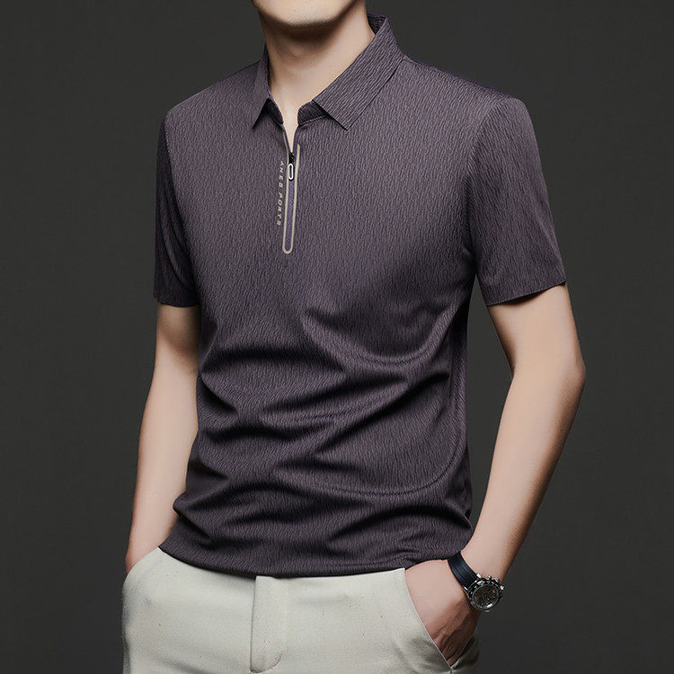 男士短袖t恤夏季新款翻领冰丝无痕半拉链t恤休闲宽松半袖男polo衫
