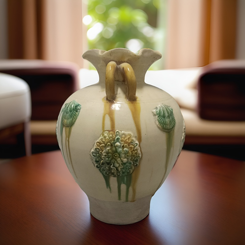仿古陶瓷器双系莲花口瓶摆件古典家居饰品艺术品花器出国礼品古玩