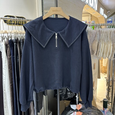 2025春新款设计感减龄宽松半拉链大翻领卫衣女短款套头娃娃领上衣