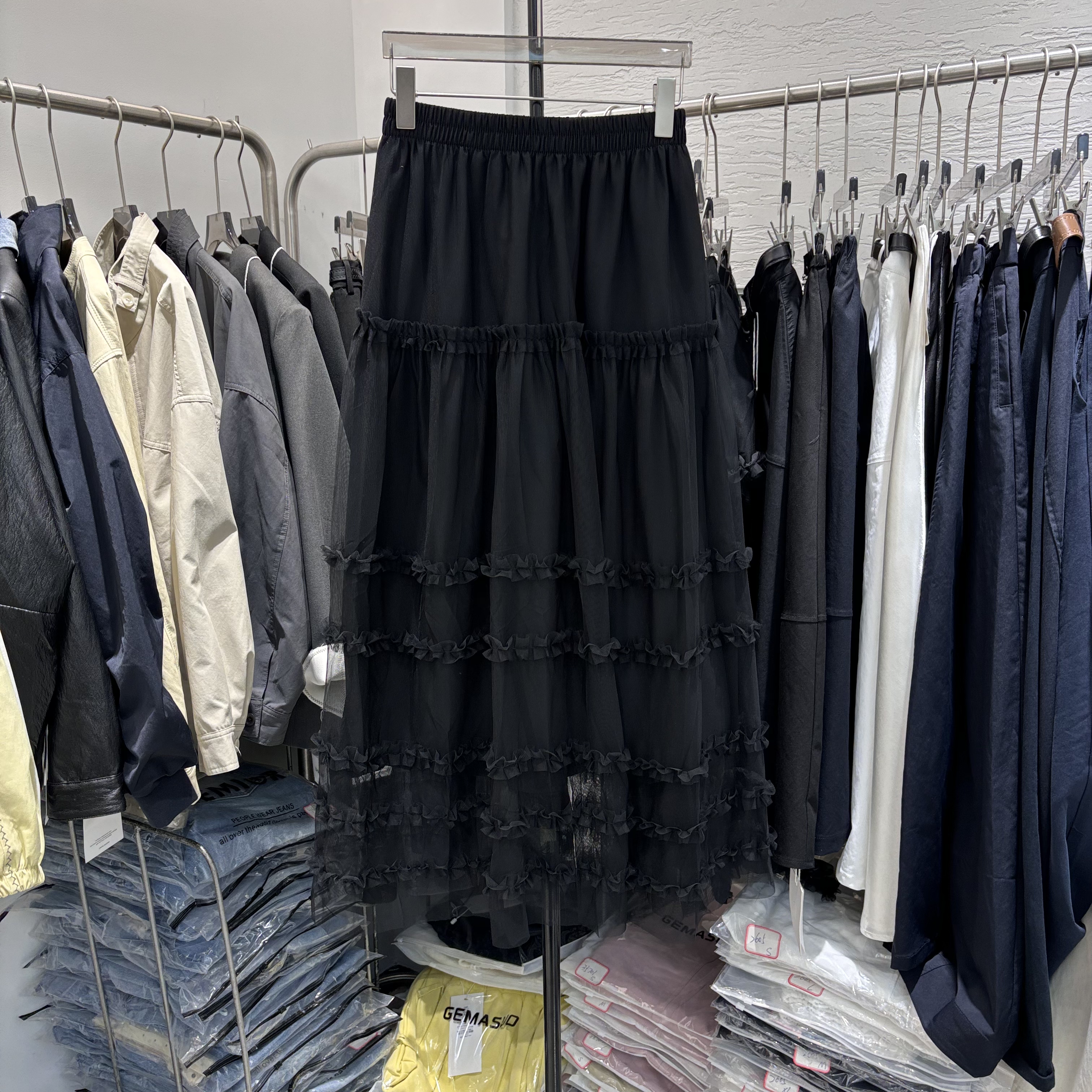 超仙~黑色木耳花边中长款半身裙女春2026新款显瘦垂感蛋糕裙纱裙