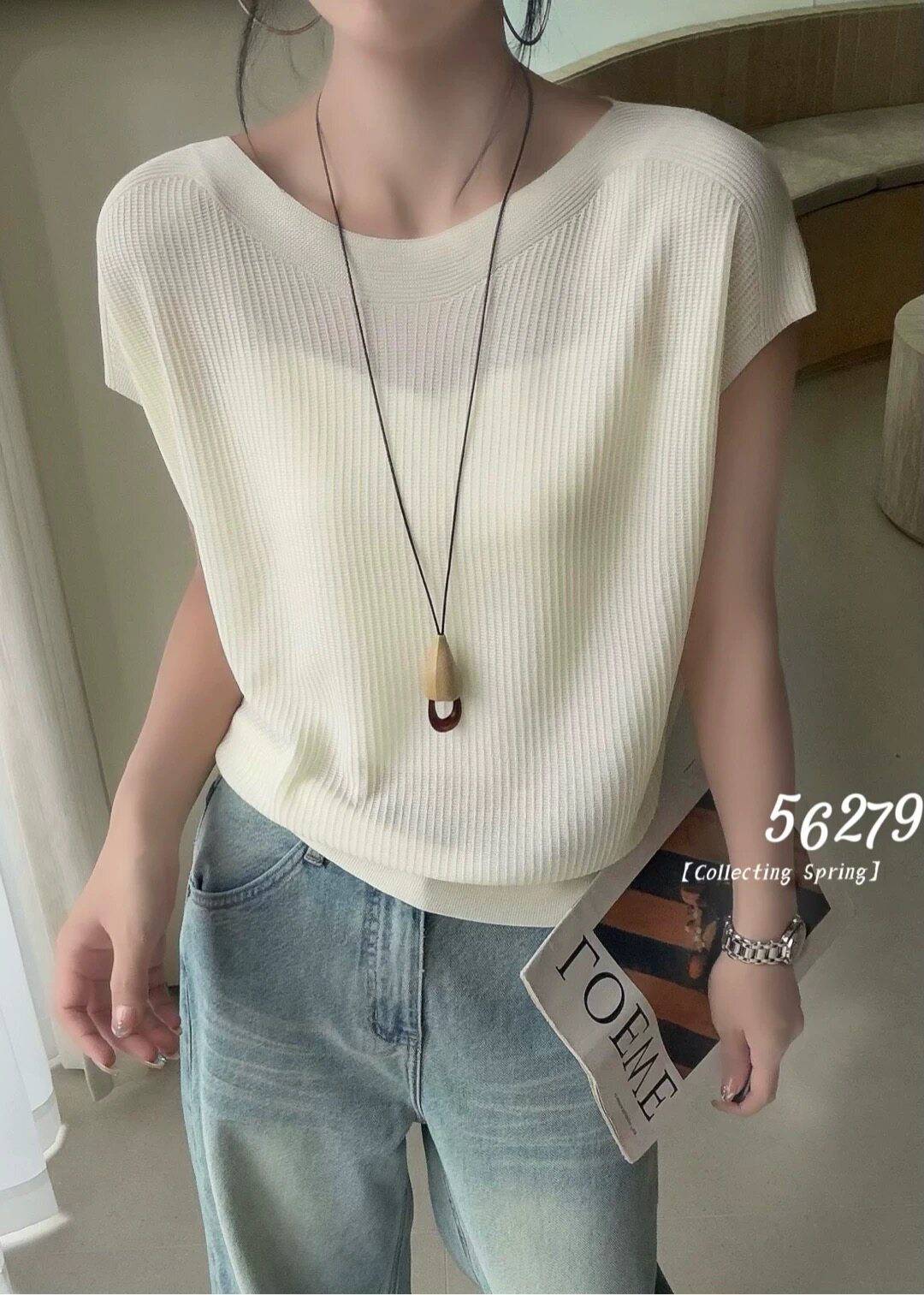 圆领无袖针织衫女显瘦毛衣上衣冰丝亚麻夏季套头纯色简约飞飞袖潮