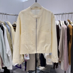 时尚 新款 百搭夹克6821 外套女欧洲站2026春季 设计感立领麻料短款