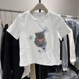 短袖T恤女2026早春新款猫咪刺绣半袖宽松白色打底正肩短款上衣