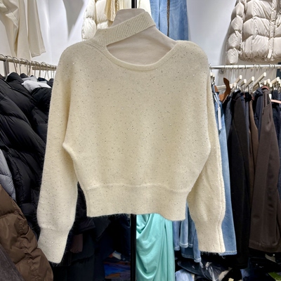 正版韩系氛围感亮片细闪挂脖斜肩针织衫秋冬软糯收腰兔毛毛衣