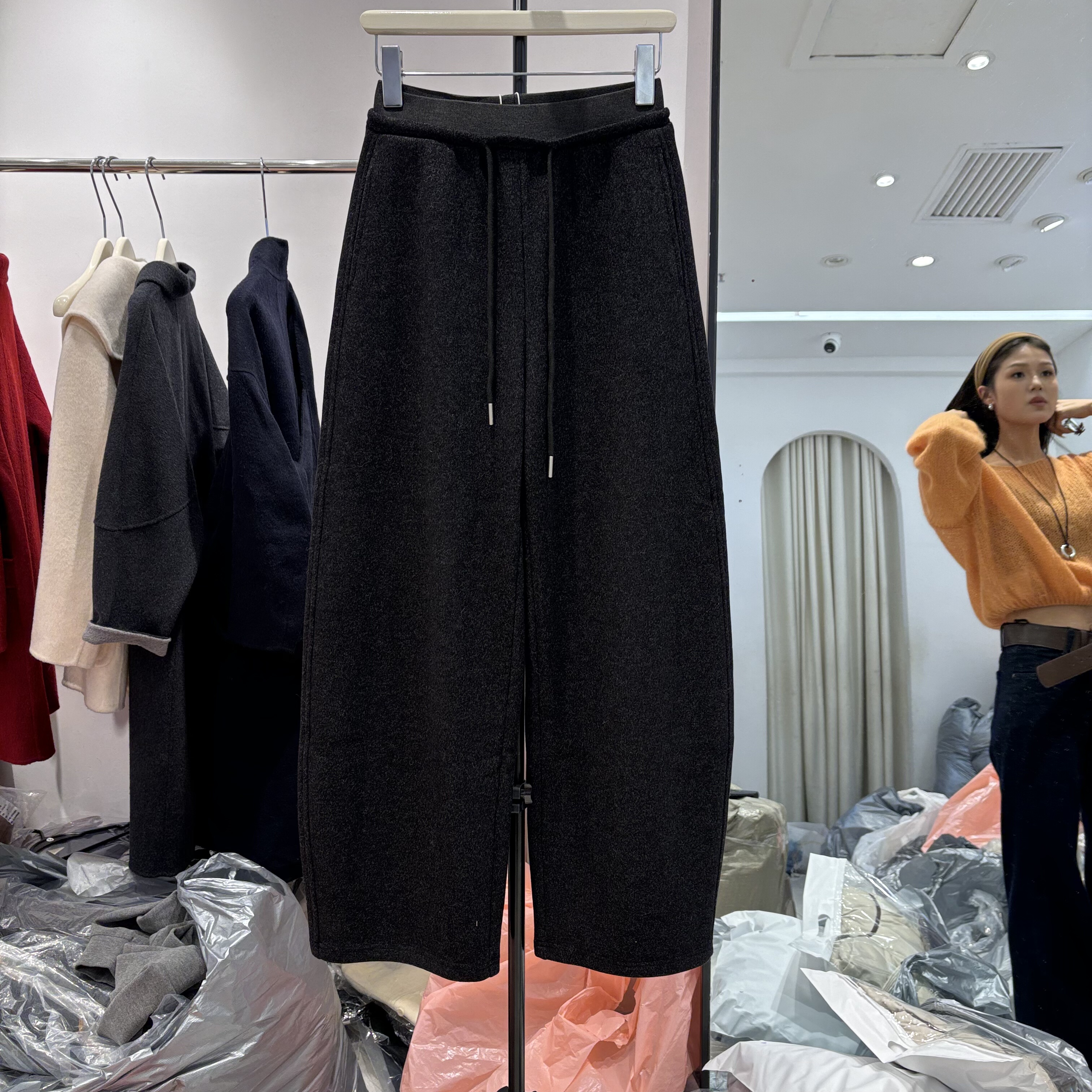 韩版高腰显瘦百搭加绒加厚直筒阔腿裤弯刀裤子2025冬季新款66A77