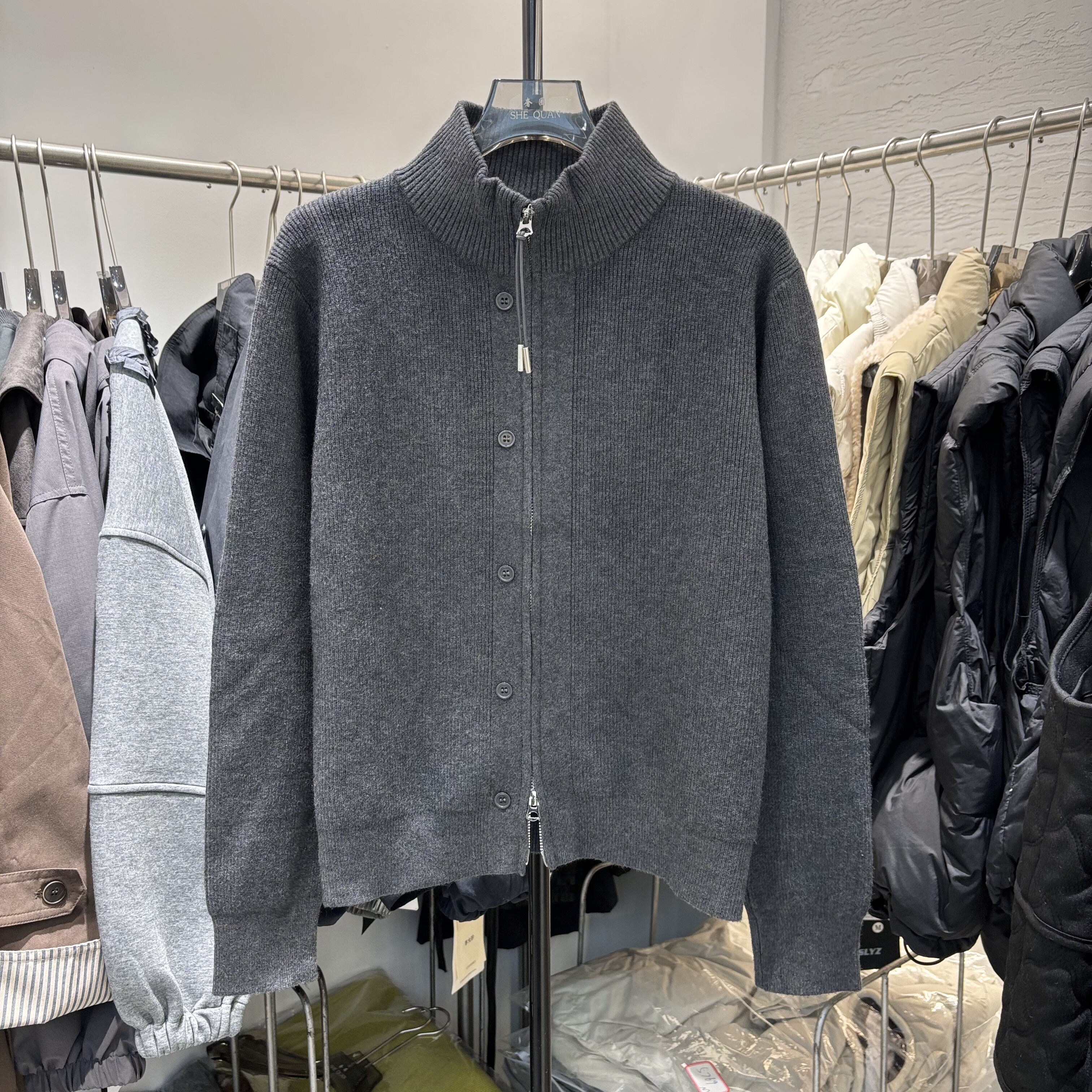 韩系灰色立领双拉链针织开衫女秋冬2025新款小个子叠穿毛衣打底衫