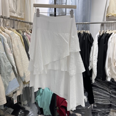 韩系白色不规则荷叶边半身裙女26春新款高级感百搭显瘦中长裙