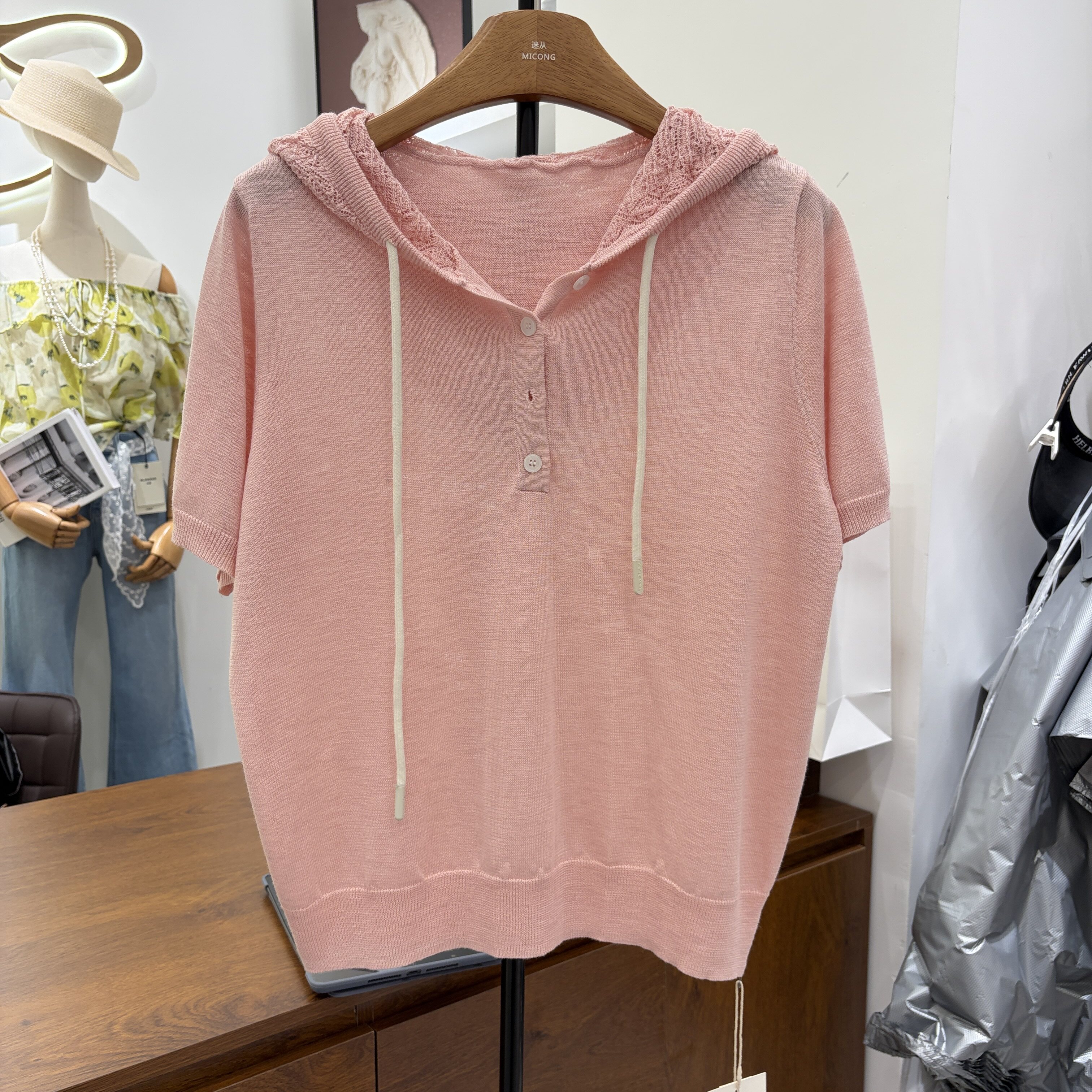 9062短袖蕾丝连帽薄款天丝棉针织衫套头纯色简约夏季女装