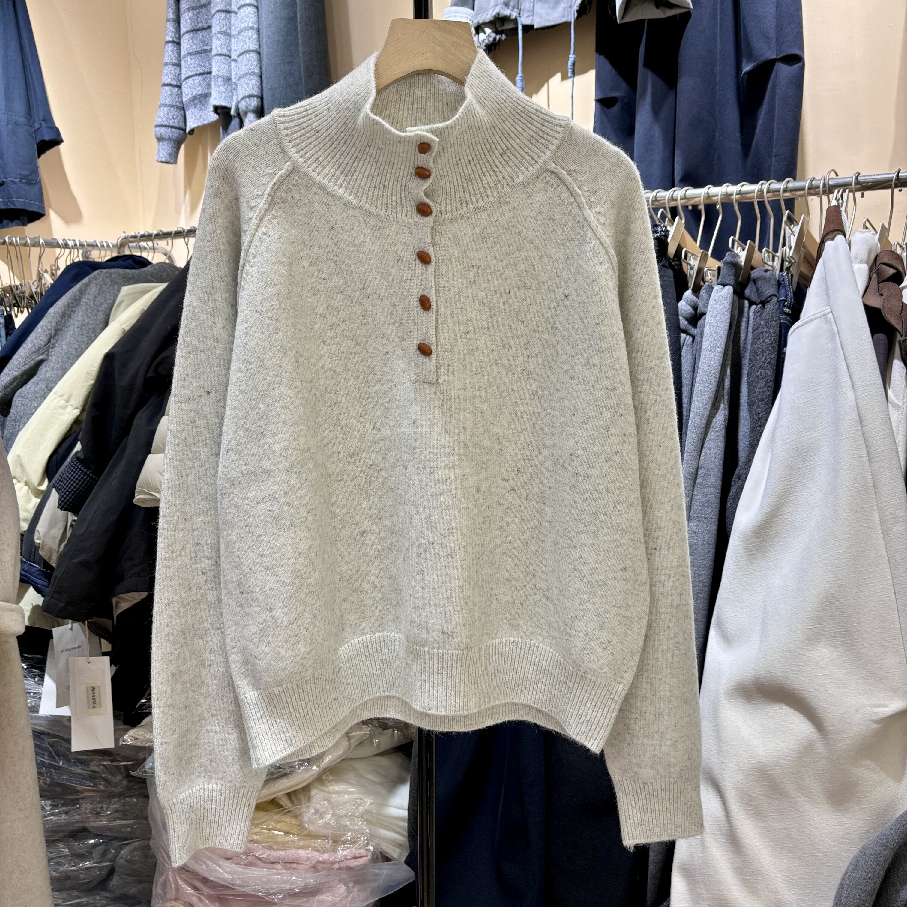 韩版半开扣高领套头长袖毛衣女2025冬季新款宽松内搭针织衫上衣潮