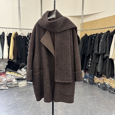 围巾款双面呢毛呢大衣女秋冬2025新款中长款圆领咖色格子呢子外套