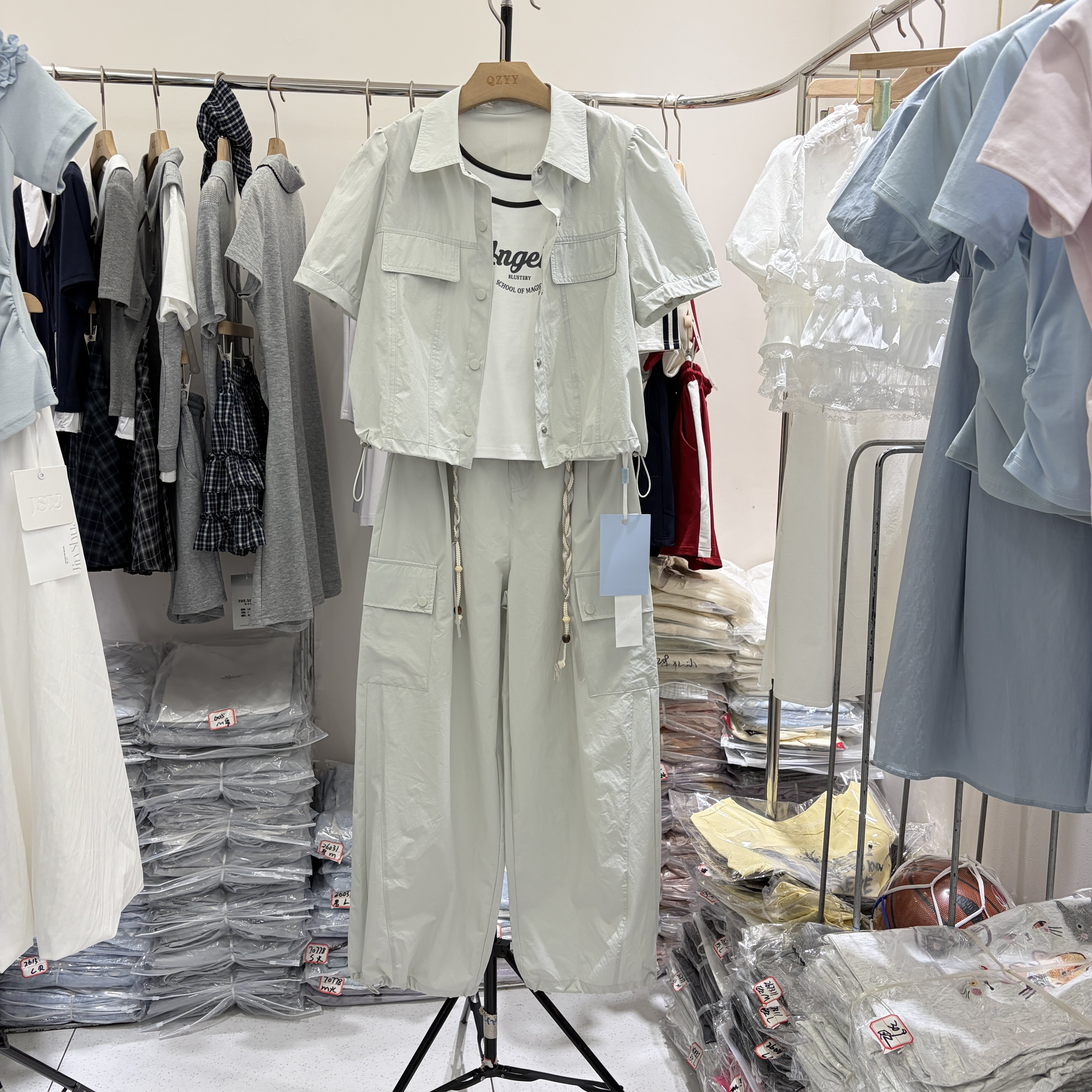 工装风短袖翻领外套阔腿裤套装女2026夏季时尚穿搭休闲三件套C58