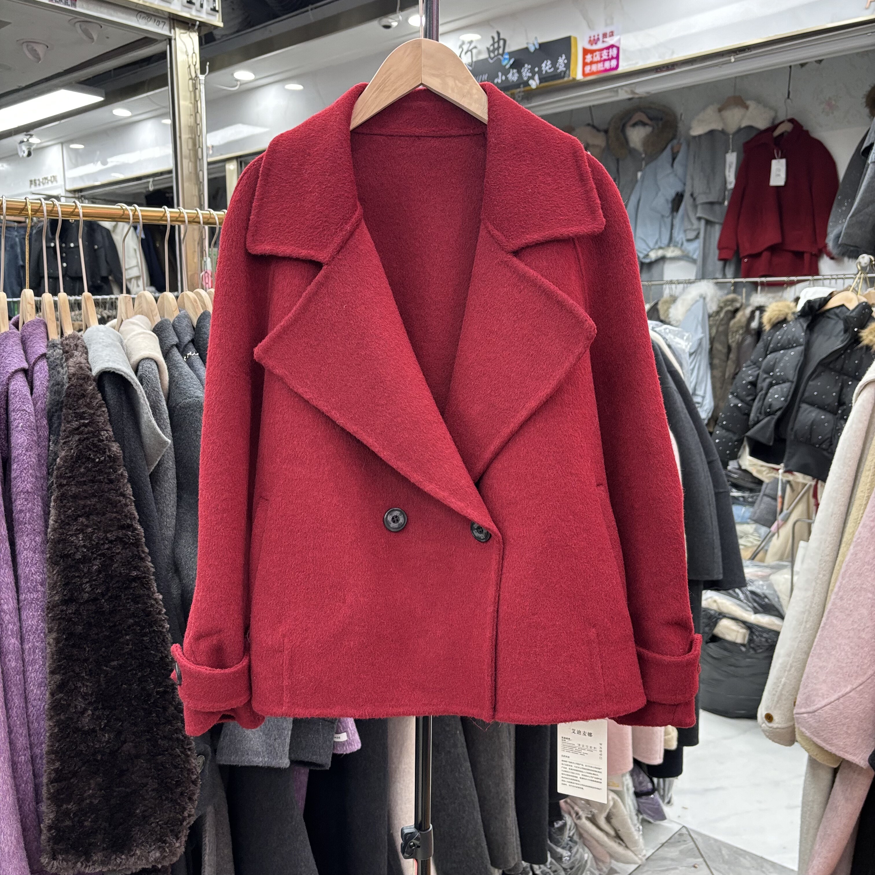 红色双面羊绒外套女短款秋冬季新款宽松气质百搭小个子羊毛呢大衣