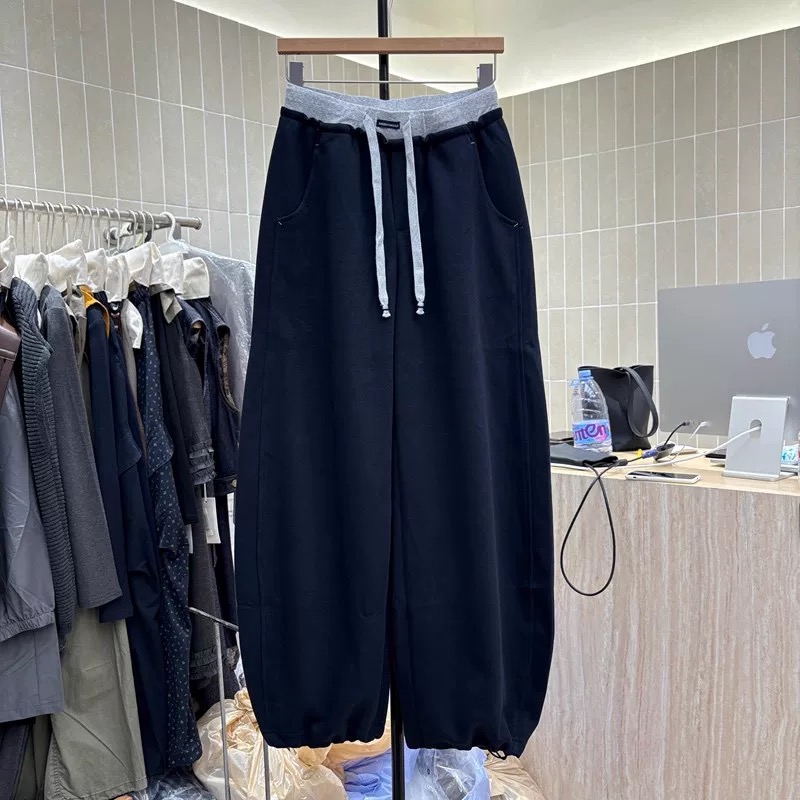 2025冬加绒拼接撞色抽绳时尚百搭直筒阔腿卫裤女宽松休闲裤9370-1