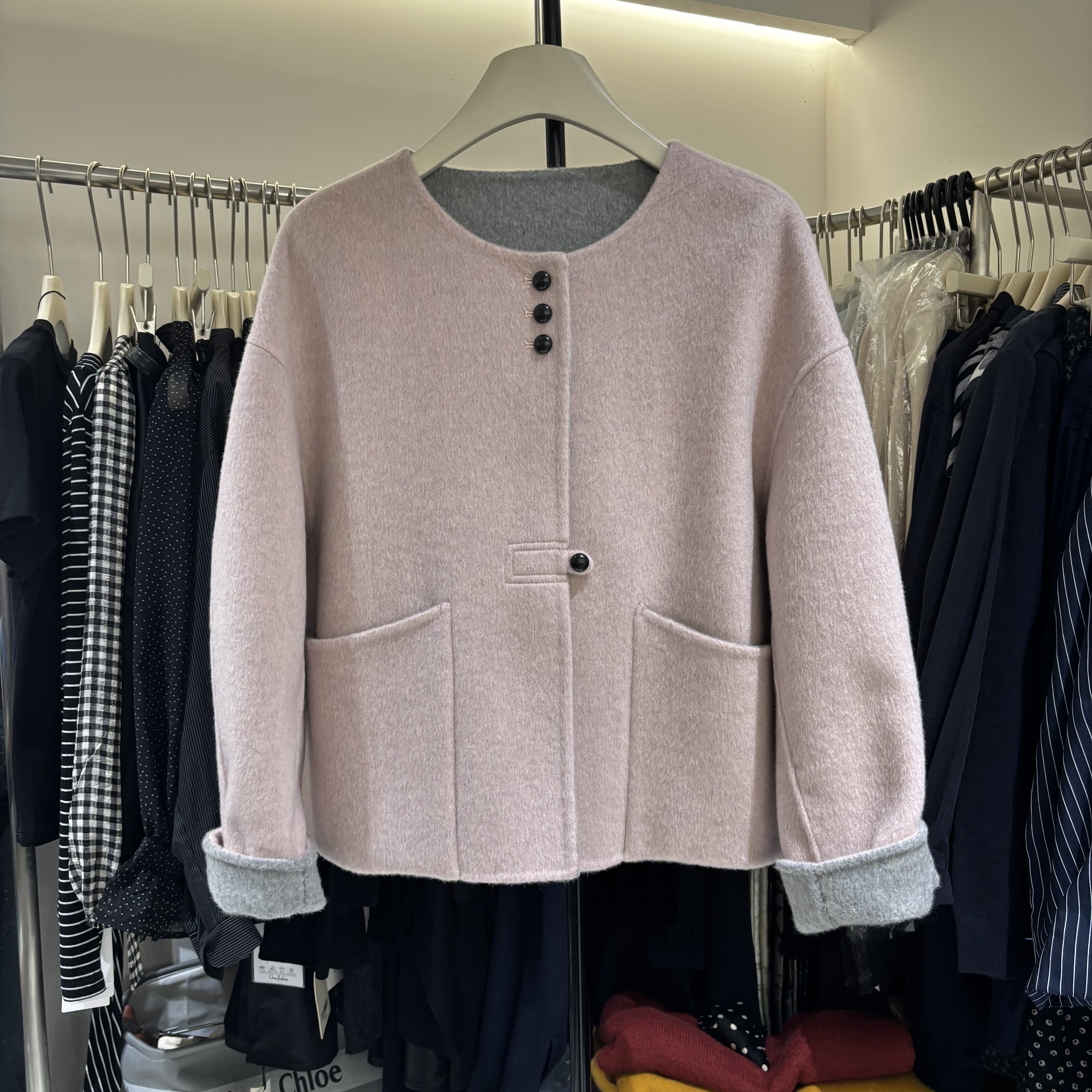 浅色无领双面毛呢独特绝美冬季外套女款羊毛芭比廓形留洋千金大衣