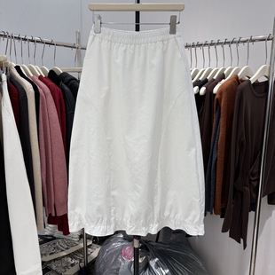 高端欧货春季新款松紧高腰下摆木耳边拼接设计过膝长款半身裙女